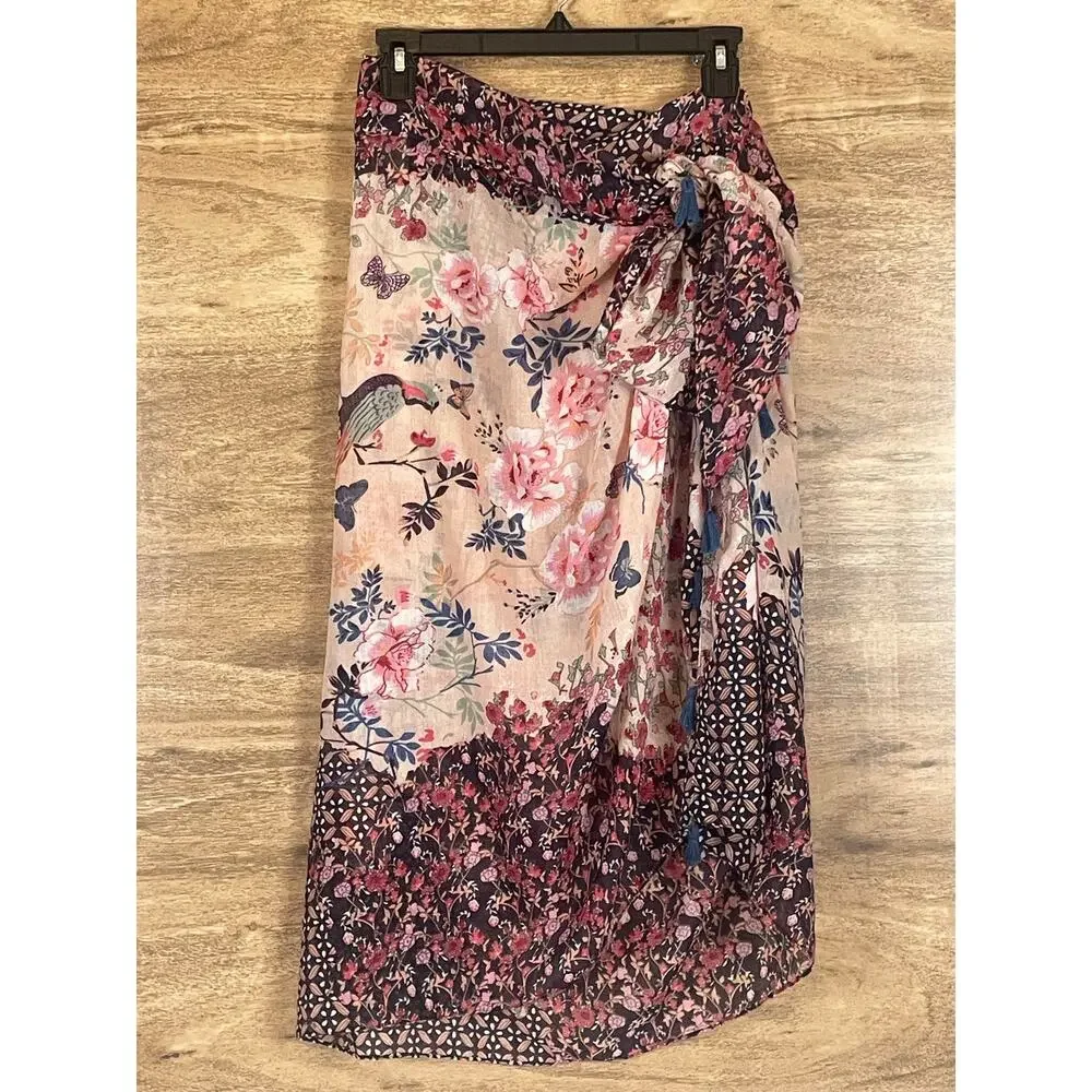 Pool To Party Subtle Luxury Sarong Scarf One Size Floral Peacock Tassel Wrap